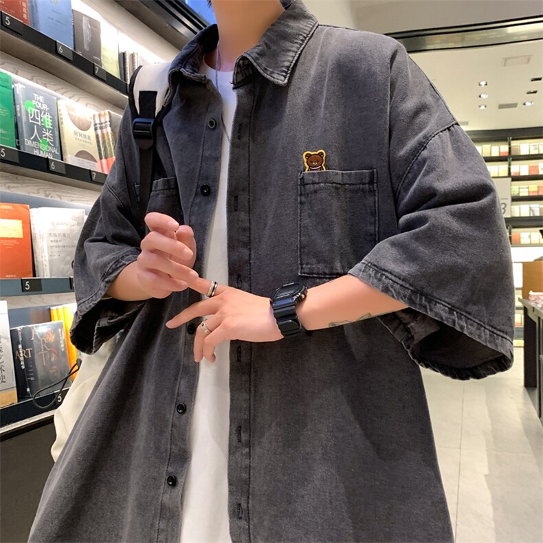 男士短袖夏季2024新款水洗牛仔布衬衫W1352P40,男装衬衫,星座1116-2