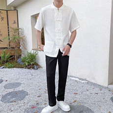夏季新品泡泡条褶皱盘扣休闲运动套装风短袖T恤两件套TZ312，男装T恤，星座305A（原312A-1）