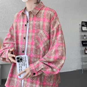 衬衫男秋季新款港风宽松大码磨毛格子扎染长袖衬衣CS507-P35图片