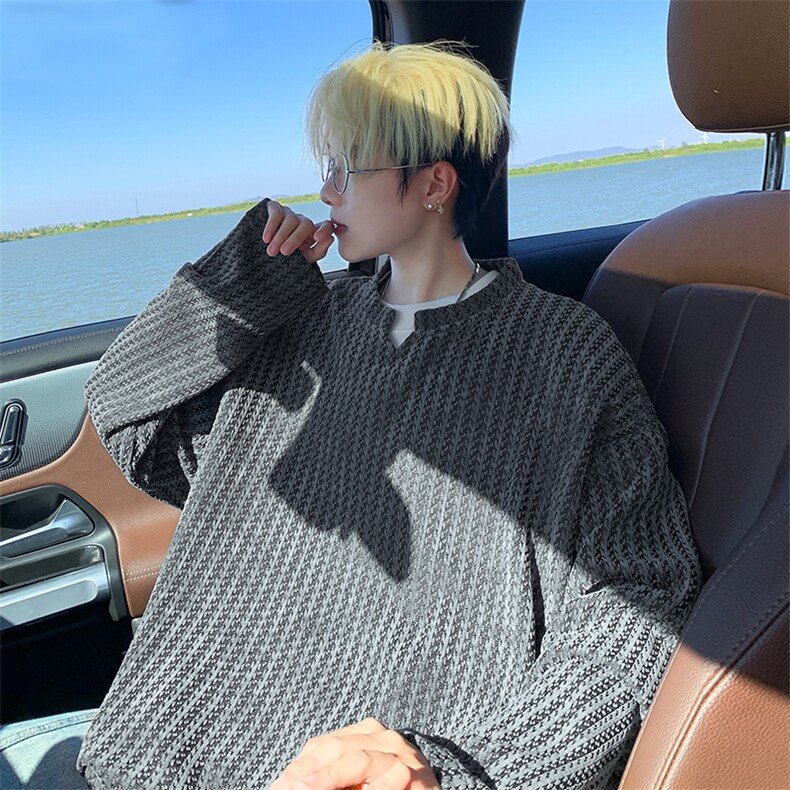 美式高街千鸟格子长袖T恤男女亨利V领英伦雅痞休闲宽松长袖打底衫，男装T恤，电商A486