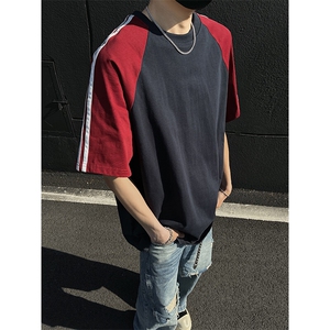 抖音得物二开品质240克宽松纯棉美式高街撞色织带短袖T恤YQ39,驼咖色西装裤搭配图片