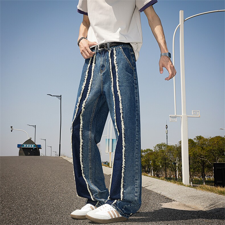 重磅毛边拼接潮牌水洗高街百搭韩版牛仔裤毛边做旧小众设计感P70，男装牛仔裤，电商B319