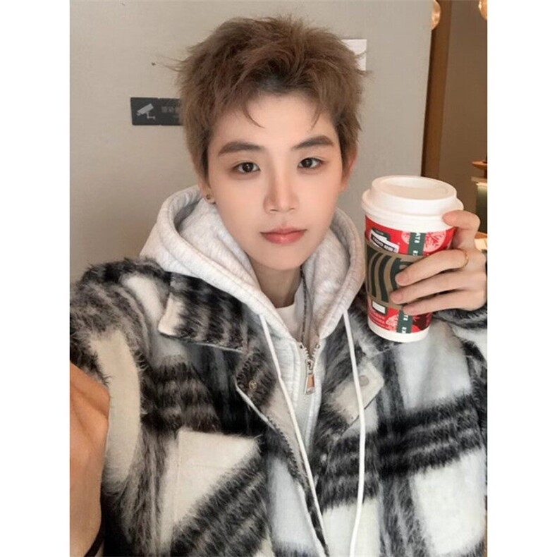 网络图现货假两件冬装棉衣宽松男女情侣棉衣格子外套RWT179-P90,男装棉衣,星座1005-4