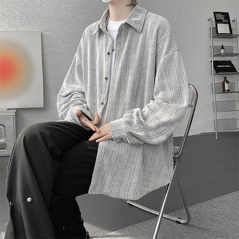 8XL-M人字纹小香风衬衫男生春秋衬衣宽松慵懒垂感外套CS29008P45图片
