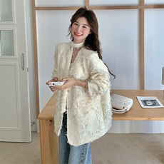 米白色毛毛西装外套2C317A-8507-P140-K198，女装西装，2C317A