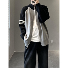 网图现货84888-P70毛衣开衫三条杠撞色针织休闲宽松秋季运动外套，男装针织衫/毛衣，电商D310B