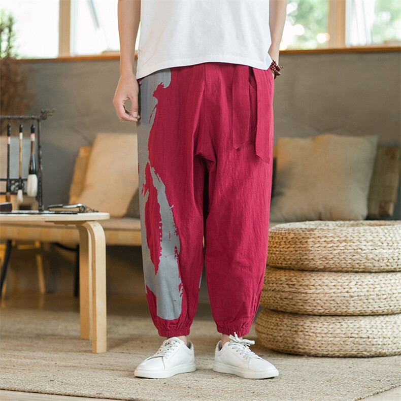 风大码男装棉麻休闲裤印花男士束脚长裤XZ314A-1-K023-P50，男装休闲裤，星座1513