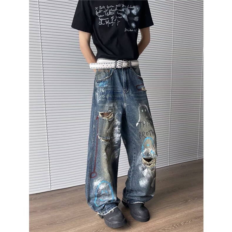 新款涂鸦美式复古街头水洗牛仔裤宽松潮牌破洞长裤H7818P55,男装牛仔裤,星座1013-1