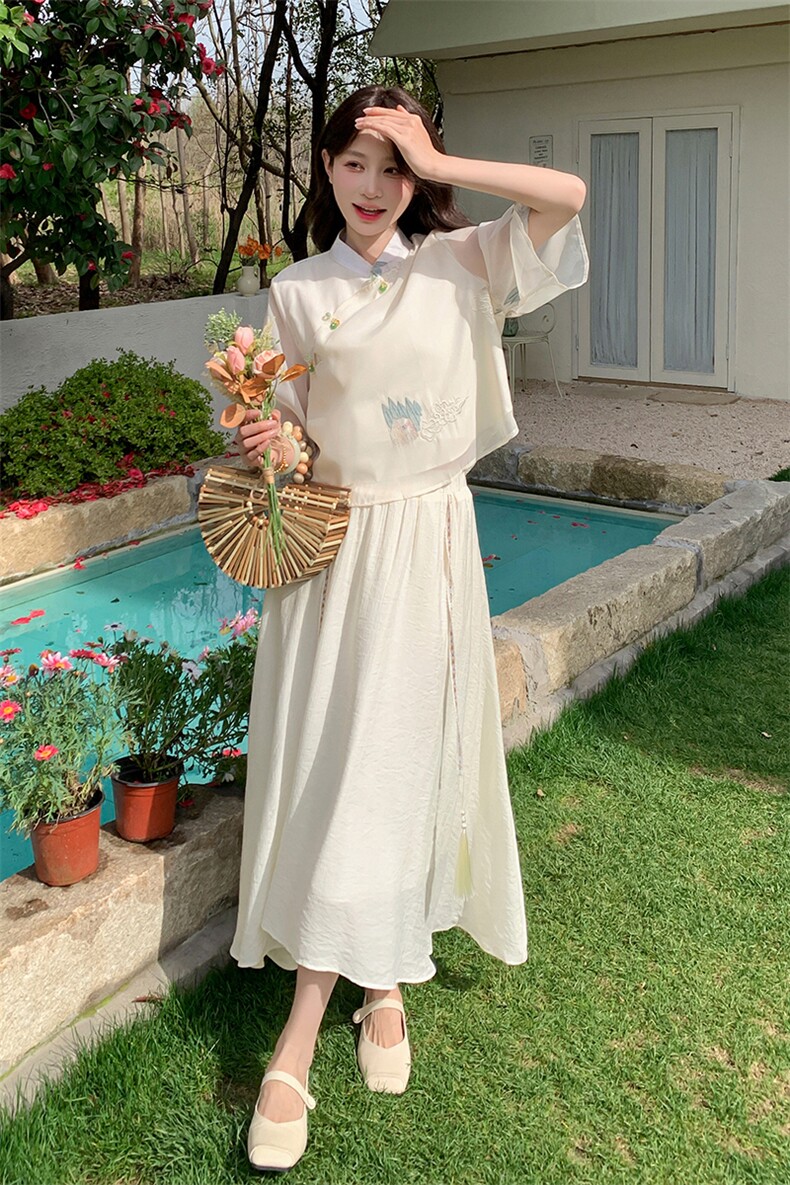 民族风新中式短袖绣花衬衫半身裙两件套仙女裙松紧腰,女装连衣裙,诺蝶
