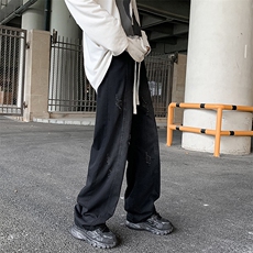 牛仔裤男春秋季美式高街水洗破洞潮牌宽松直筒休闲长裤N01068-P45，男装牛仔裤，星座308B-2