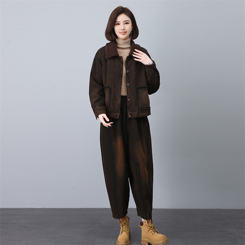 叶笙衣套装6565-565翻领仿羊羔毛加绒加厚复古炒色牛仔套装,女装套装/套裙,叶笙衣