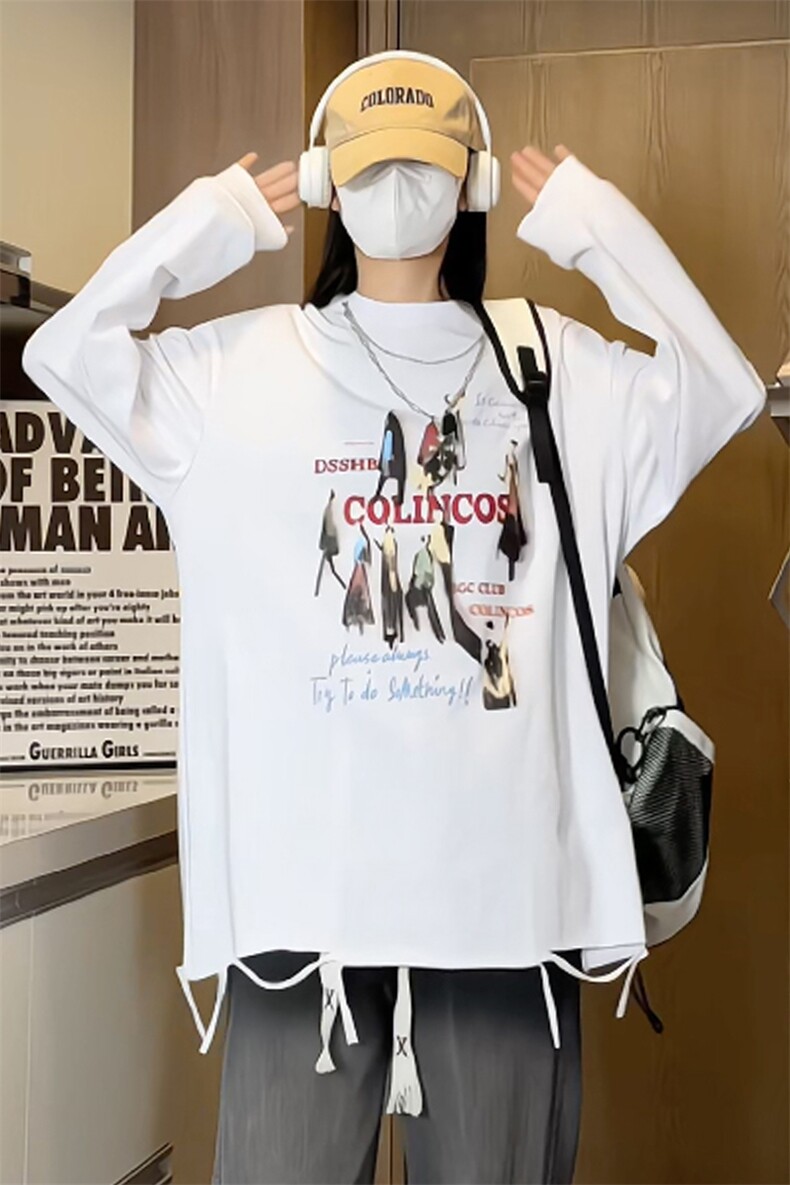 特P中性港风女模宽松时尚个性印花长袖圆领项链T恤CT011P45控75,男装T恤,电商A268