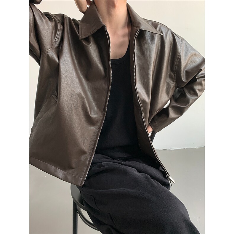 W643-P64痞帅Pu皮衣小众设计感潮牌双拉链垫肩皮夹克，男装皮衣，电商B323A