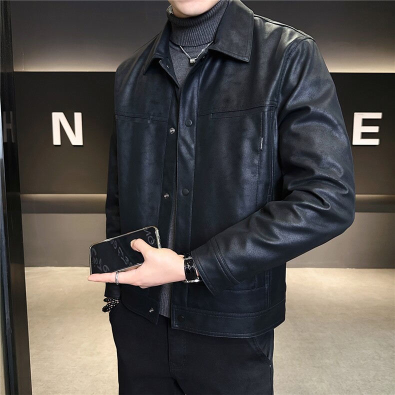 加绒加厚男士外套秋冬季2025新款翻领皮衣皮夹克A313-9958-P145,男装夹克,电商A313