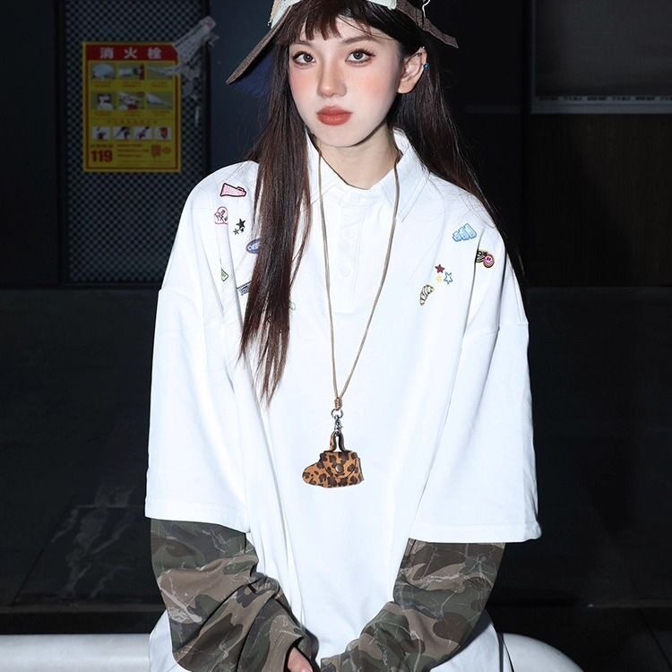 卡通印花拼接迷彩长袖polo衫假两件春秋季情侣学院风卫衣WYT606,男装卫衣,星座516A