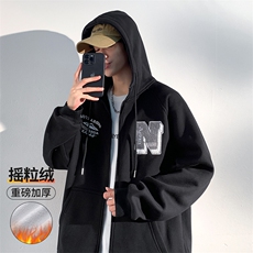 2023冬新款港风加绒加厚个性毛巾绣摇粒绒开衫连帽卫衣23138-P59，男装卫衣，星座914-3