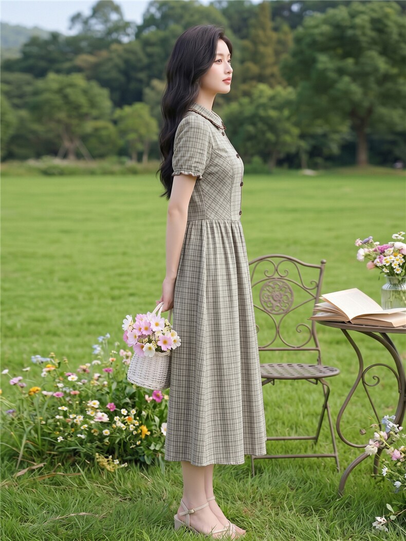 学院风格纹连衣裙女春夏收腰显瘦中长裙格子裙子,女装连衣裙,水衣源
