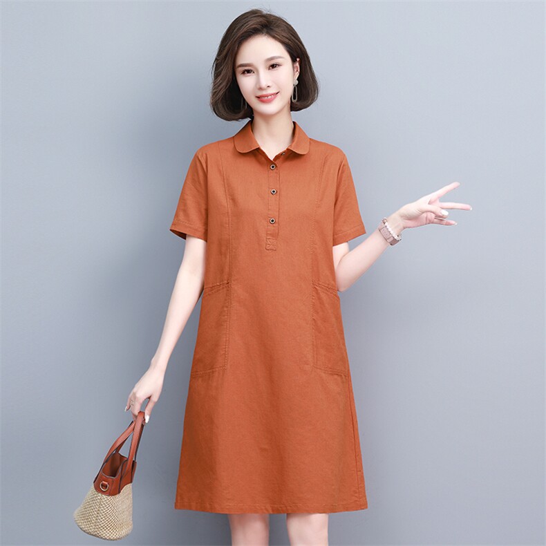 棉麻连衣裙女夏季2024新款中年妈妈宽松遮肚显瘦小个子亚麻衬衫裙,商品下架区,韩派