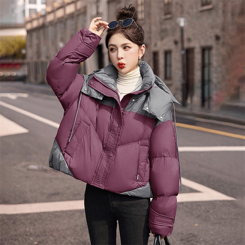 时尚撞色短款羽绒服女2024冬季新款加厚连帽保暖白鸭绒面包服外套,女装羽绒服,艾仟回(原伊仟回)