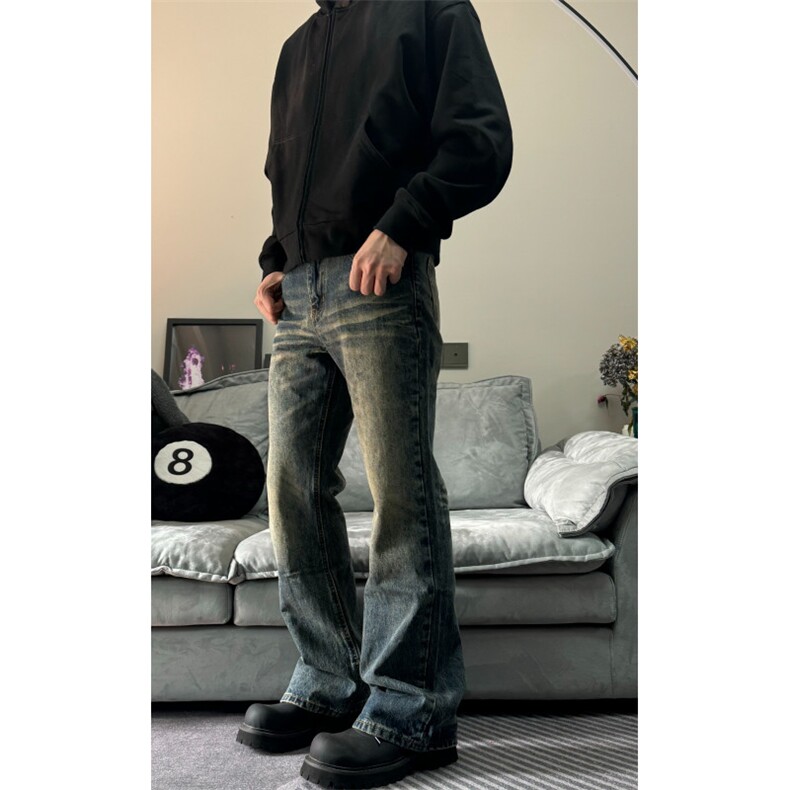 【深蓝神牛】cleanfit做旧复古显高矮个子微喇磨破渐变水洗牛仔裤,男装牛仔裤,星座506A