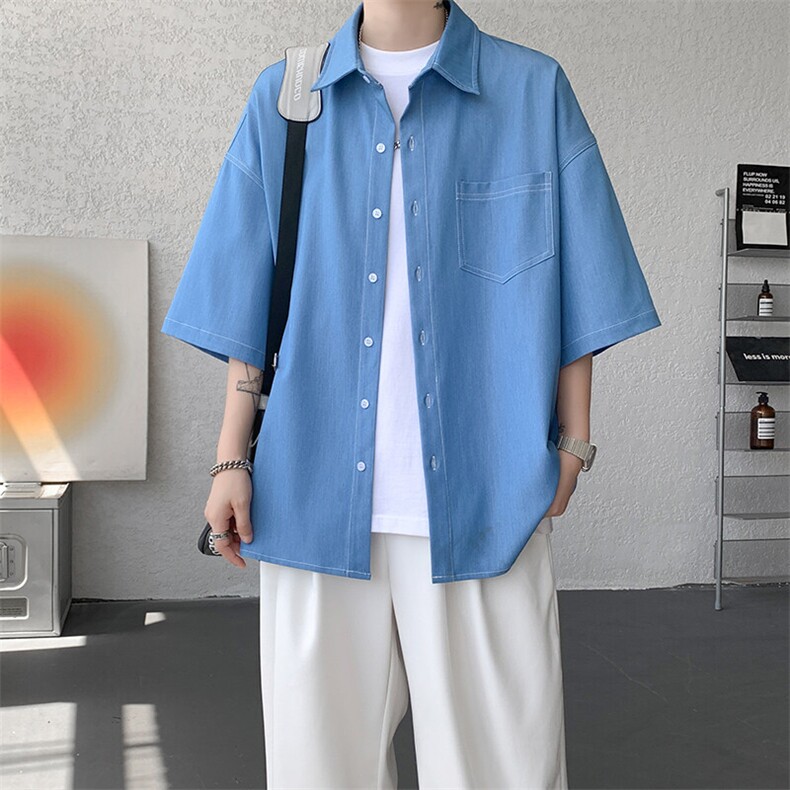 8XL-M冰丝牛仔短袖衬衫男款夏季薄款宽松慵懒衬衣外套DC28006P60,男装T恤,电商B312