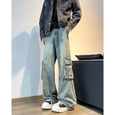 大口袋工装牛仔裤男春季阔腿裤水洗做旧宽松直筒裤子RK2474-P51，男装牛仔裤，星座412-3