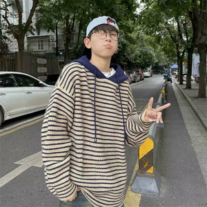 M261-P48韩系风格穿搭连帽黑白条纹毛卫衣男慵懒高级感针织衫