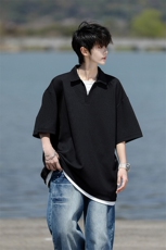 8XL-M假两件V领短袖t恤男夏翻领半袖宽松重磅华夫格大码DT001P40，男装T恤，电商B312