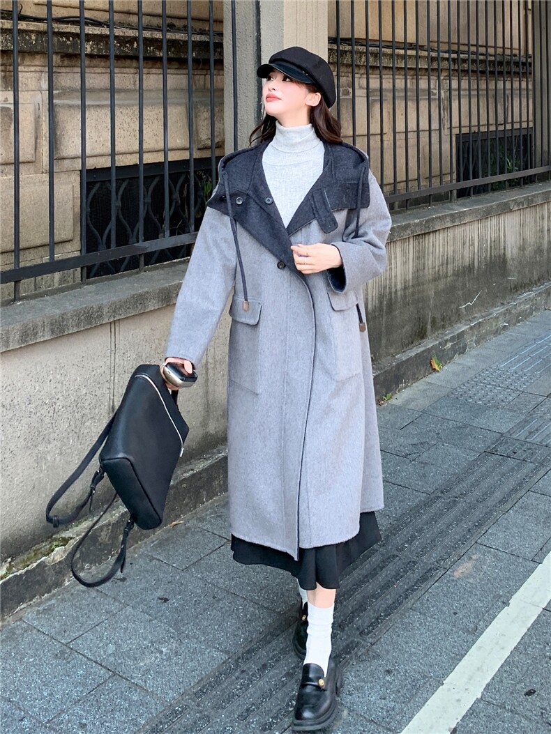 现货新款双面羊毛呢正反两穿连帽休闲羊毛大衣女风衣,女装毛呢外套,丝露怡语