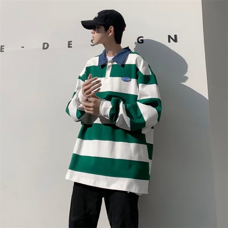polo衫男韩版潮流条纹高街2023秋冬季新款ins宽松外套WB038-P32,男装Polo衫,星座412-2