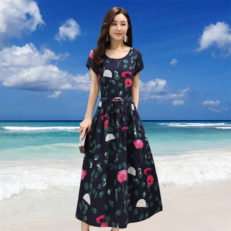 2021年夏季棉麻连衣裙短袖长裙A型大摆型连衣裙显瘦修身,女装连衣裙,鑫思依格