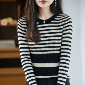 复古拼色条纹100%纯羊毛衫女2025新款洋气减龄修身保暖打底毛衣图片