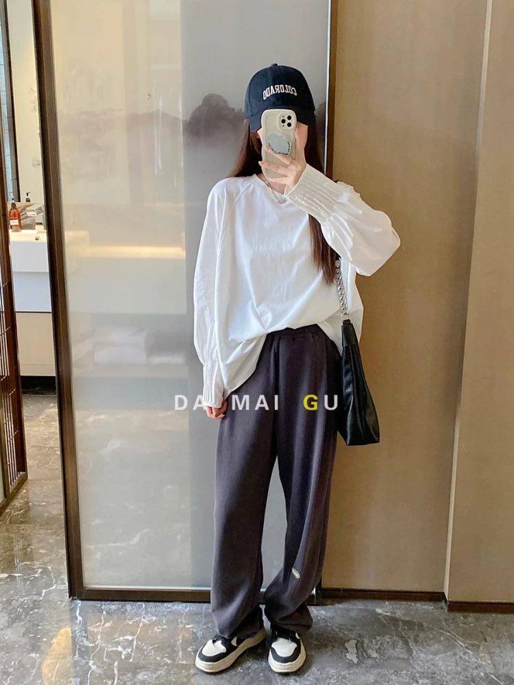 设计感风琴灯笼袖褶皱拼接薄款长袖T恤,女装T恤,湘姗