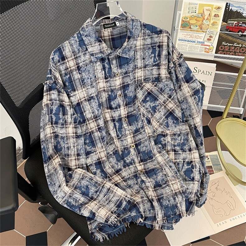 F162-P522024春季新款扎染衬衫男士美式复古格子休闲衬衣现货,男装衬衫,星座512-6