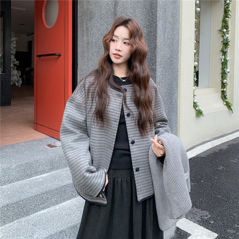 【新款】小香风格子毛呢羽绒外套+围巾2C327-9933P285控398,女装羽绒服,2C327