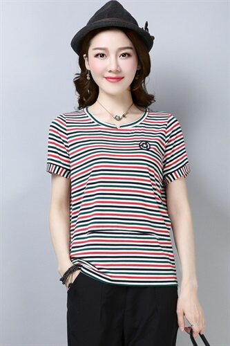 2025年春季休闲时尚显瘦百搭新款横条纹彩虹条T恤女长袖,女装T恤,板酷