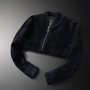 3332 冬季拉链口袋纯色休闲加厚保暖水貂绒开衫外套图片