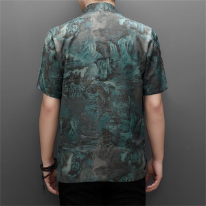 唐装男士中老年人夏装男装风衣服爷爷短袖汉服爸爸装上衣图片