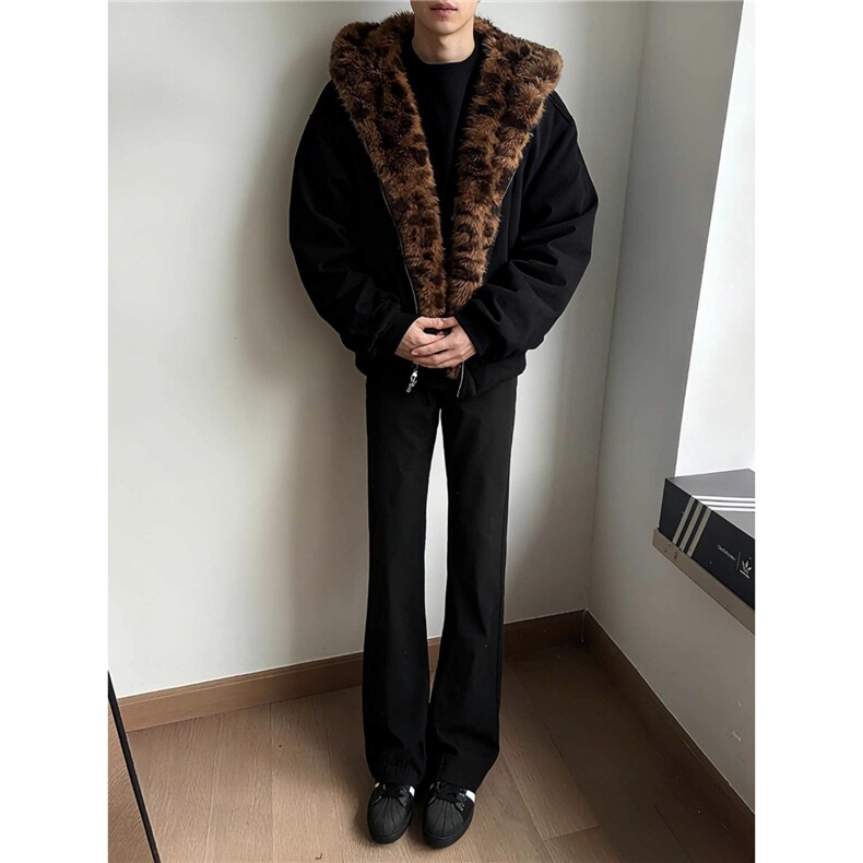 网图豹纹绒兔耳朵座山雕棉服加厚保暖连帽外套A025-CY19022-P95,男装棉衣,电商A025