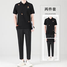 冰丝套装夏季九分休闲西裤男长裤修身韩版短袖POLO衫两件套潮，男装衬衫，星座505-2（原电商A260-1)