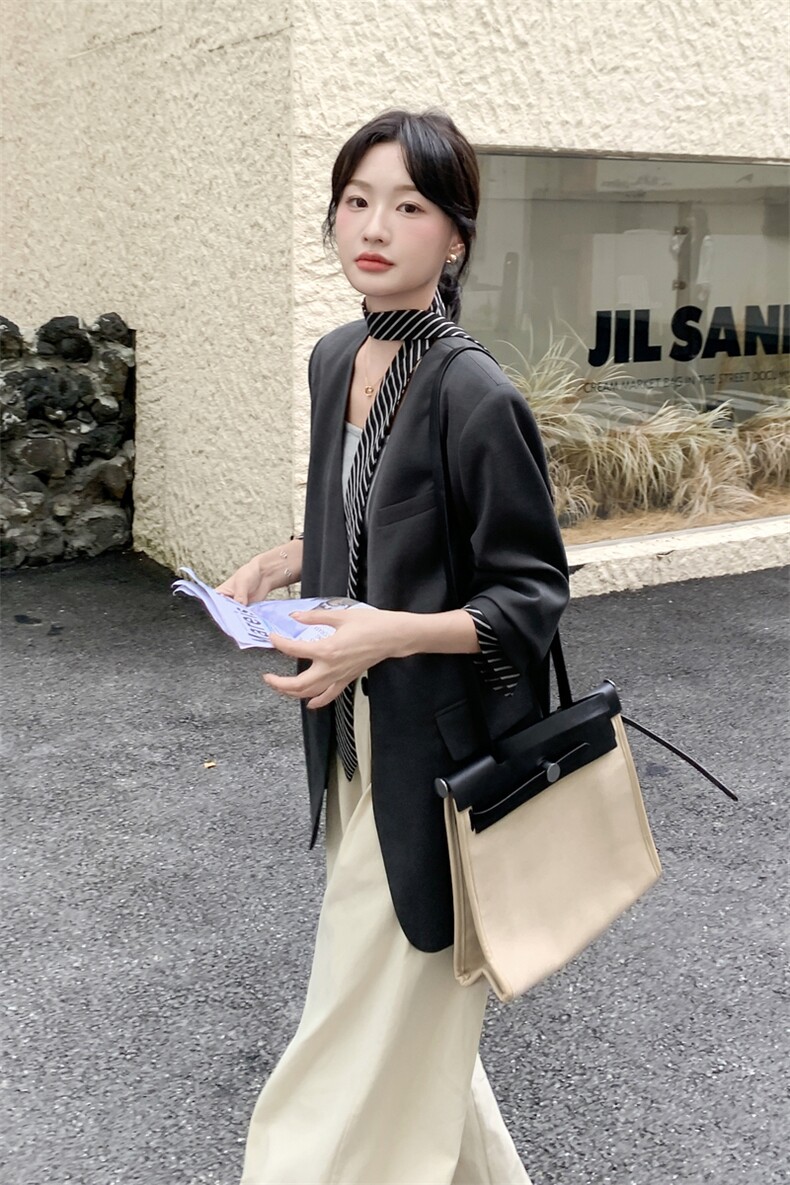 210-3278-P155-K228高级松弛感休闲条纹飘带西装外套2025年秋季,女装西装,韩蜜菓