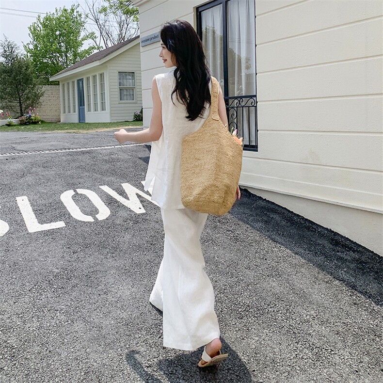2025夏季新款无袖V领套头背心宽松长裤两件套1C042-P185-K255,女装套装/套裙,安在秀