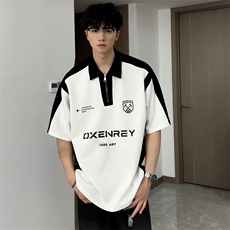 夏季港风宽松拼接短袖潮POLO衫808B-WH066-P48，男装Polo衫，星座808B