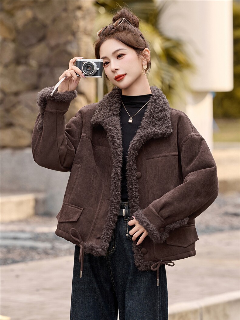 麂皮绒皮毛一体羊羔毛外套女秋冬2025新款机车服棉服,女装短外套,牡丹诺