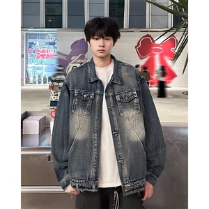 GM071-P70 美式复古春季潮牌磨破牛仔外套男女街头水洗夹克外套图片