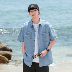 夏季新款牛仔短袖衬衫男宽松潮流薄款外套图片