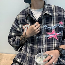美式复古刺绣格子衬衫短袖男夏季情侣宽松休闲小众上衣CS511-p35，男装衬衫，星座1008
