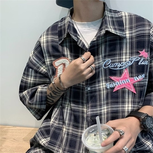 美式复古刺绣格子衬衫短袖男夏季情侣宽松休闲小众上衣CS511-p35图片