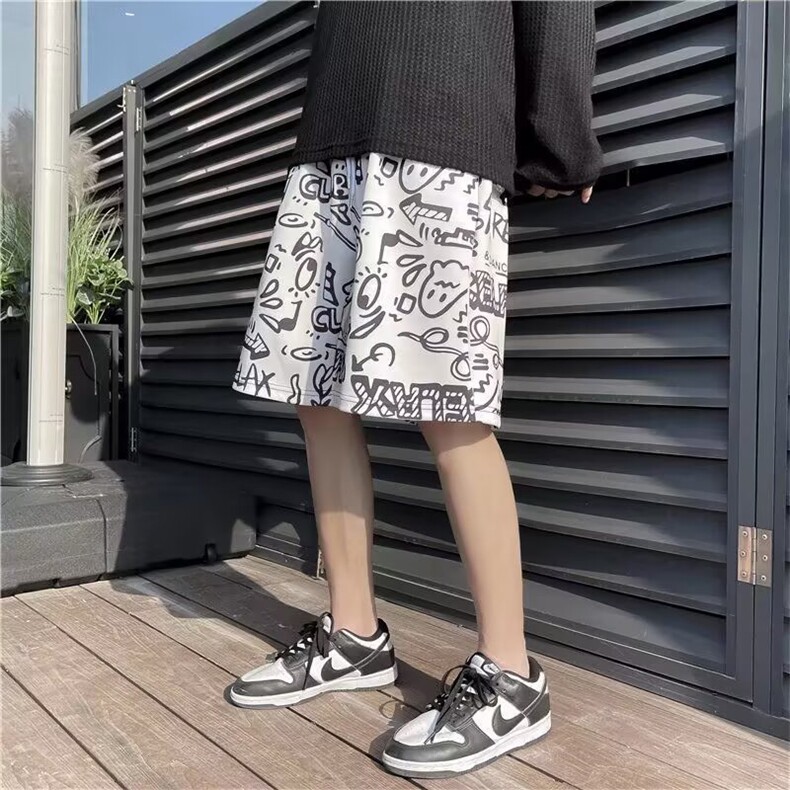 夏季薄款涂鸦短裤男士潮牌ins设计感宽松沙滩运动休闲五分裤,男装牛仔裤,星座516A