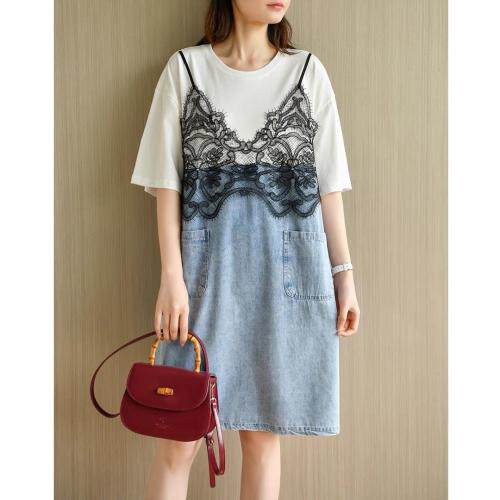 牛仔拼接连衣裙，女装连衣裙，玫瑰共和国